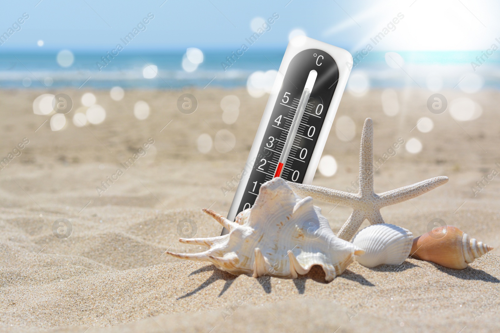 Image of Thermometer in sand on beach during sunny summer day