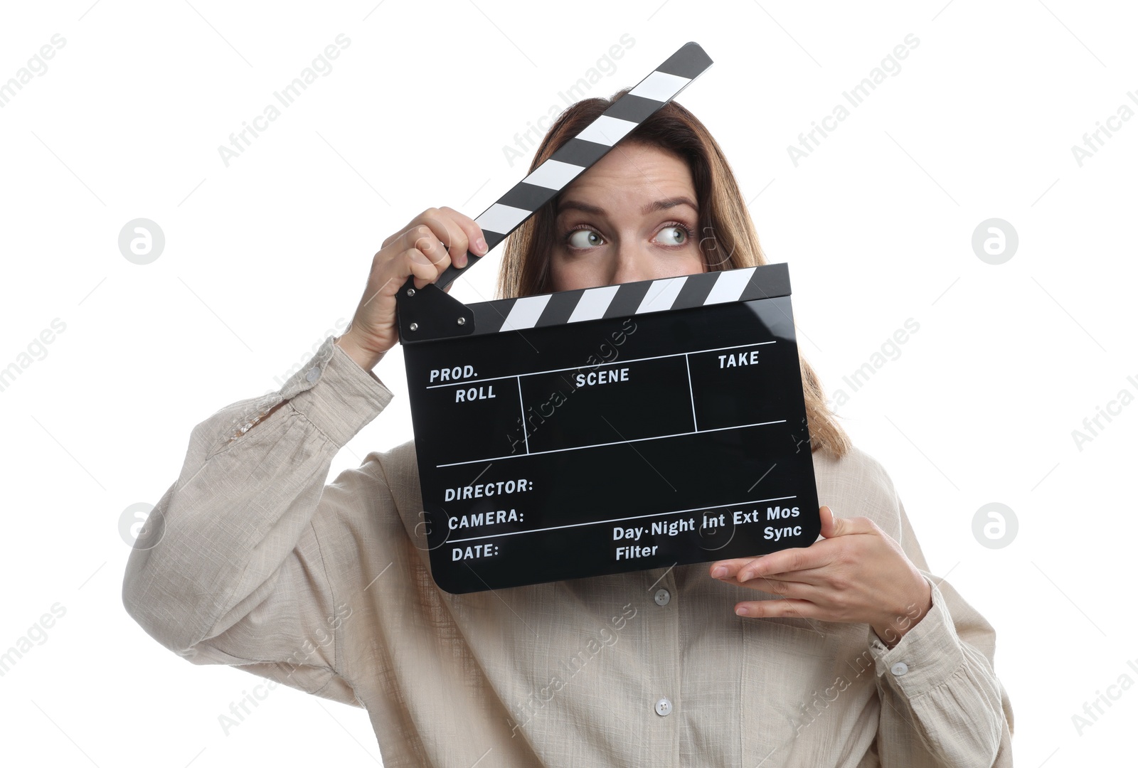 Photo of Making movie. Woman with clapperboard on white background