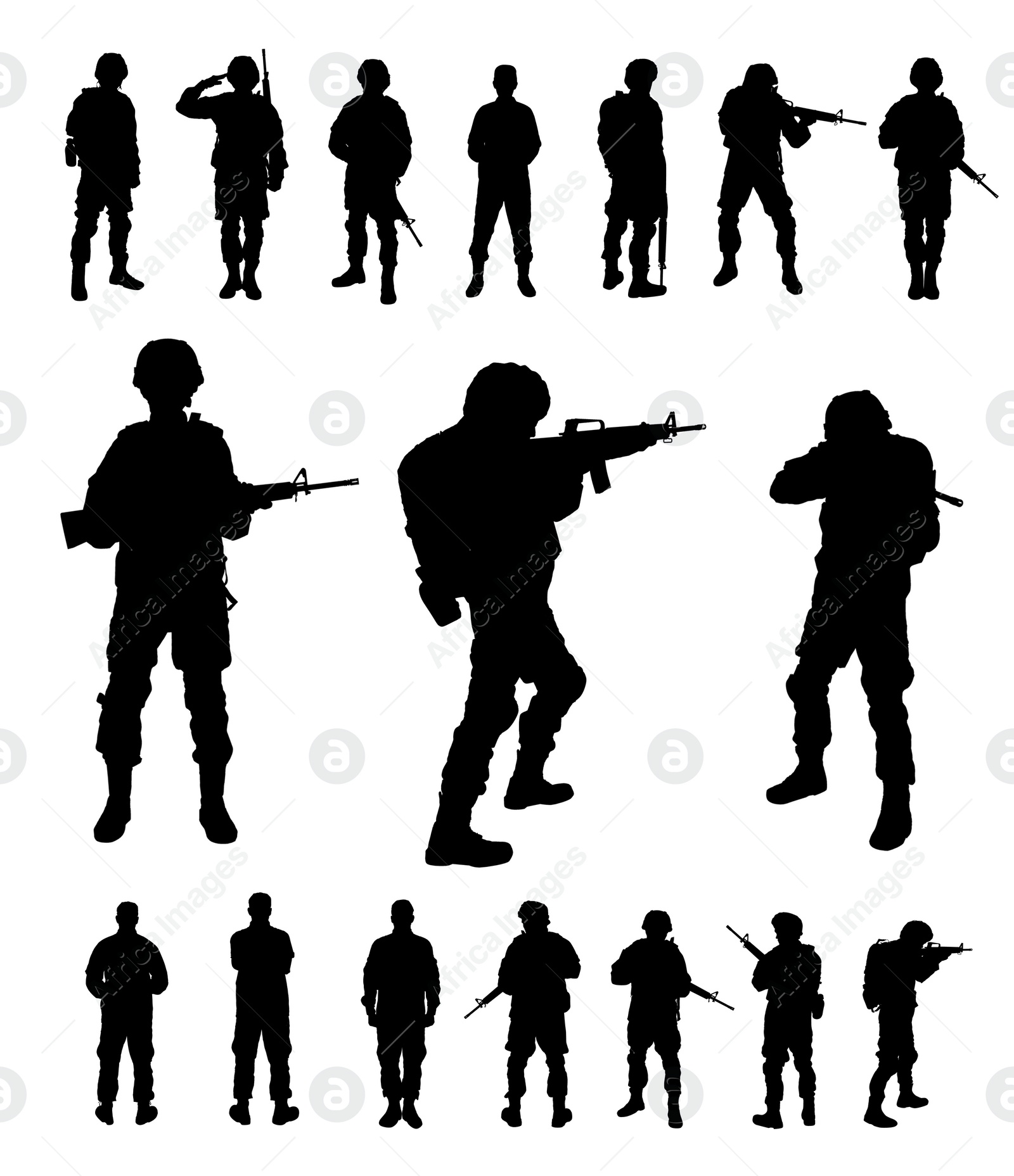 Image of Collage with silhouettes of soldiers on white background. Military service