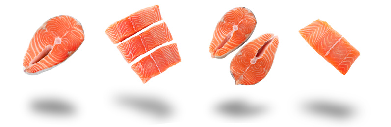 Image of Set of fresh raw salmon on white background. Fish delicacy