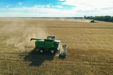 Modern combine harvester working in field on sunny day. Agriculture industry