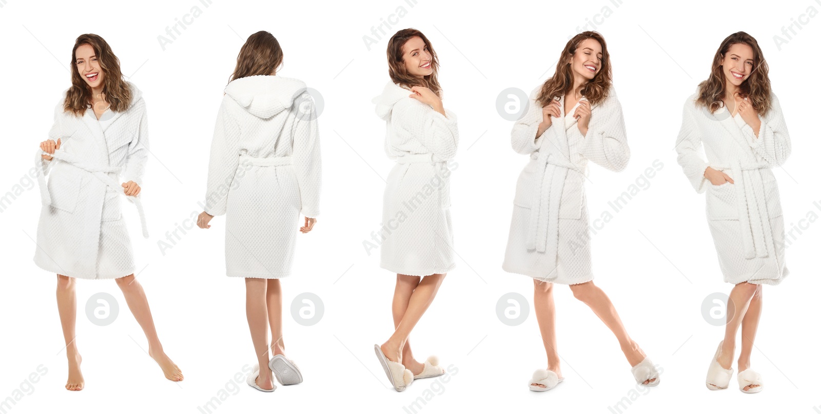 Image of Woman wearing bathrobe on white background, collage. Banner design