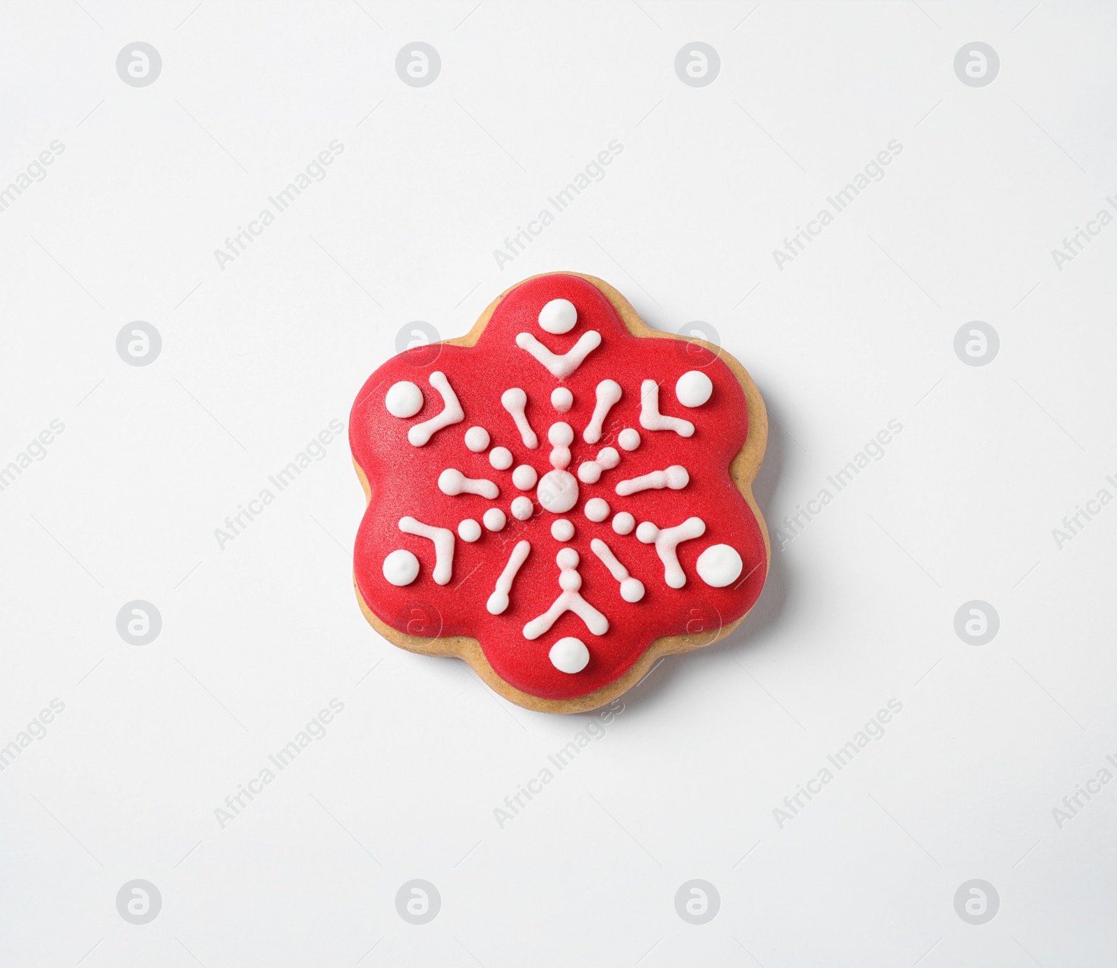 Photo of Tasty homemade Christmas cookie on white background, top view