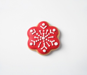 Photo of Tasty homemade Christmas cookie on white background, top view