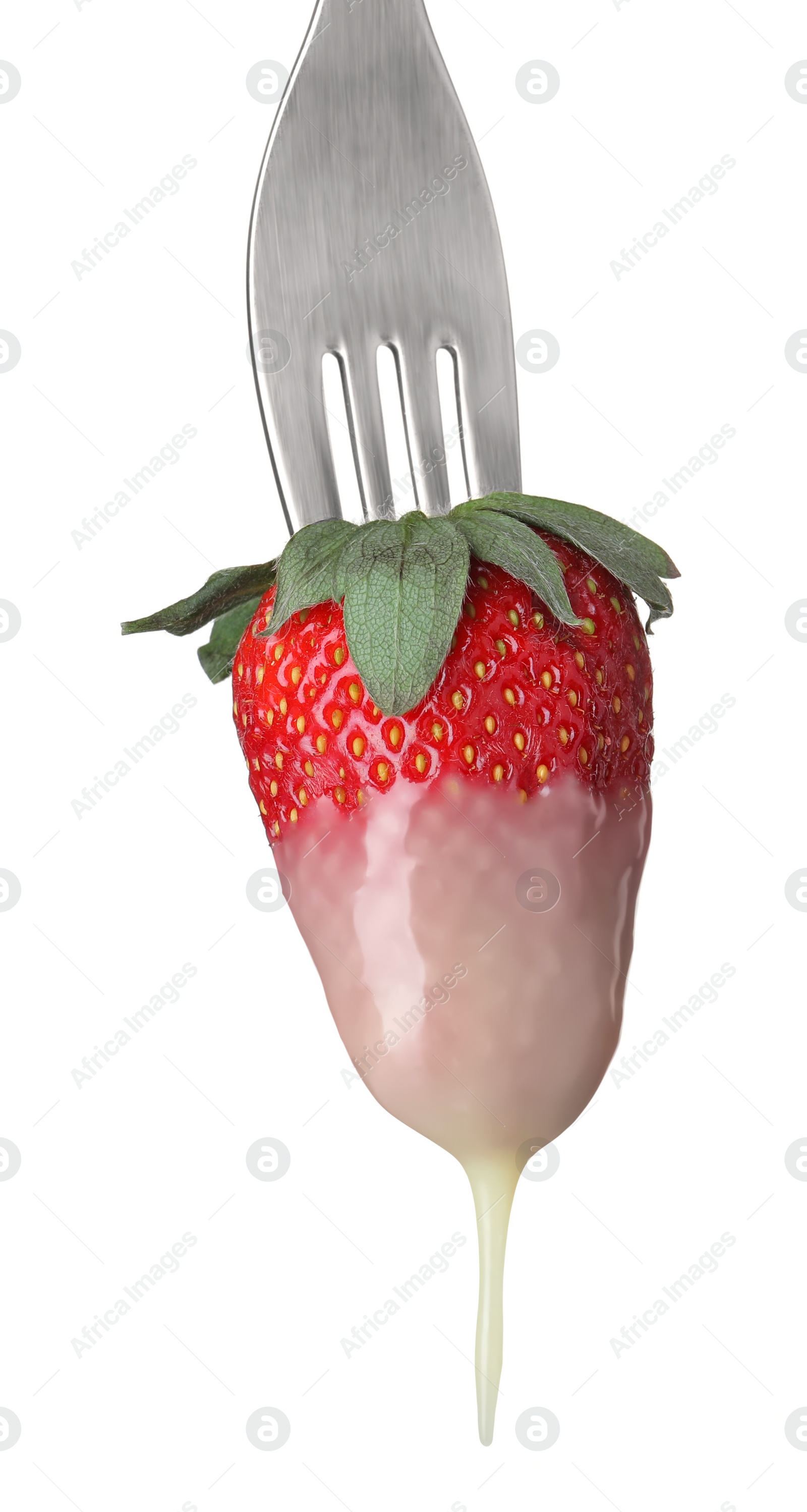 Photo of Strawberry with chocolate on fondue fork against white background