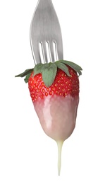 Strawberry with chocolate on fondue fork against white background