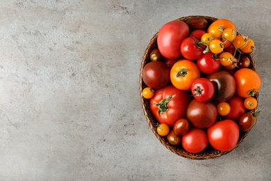 Fresh ripe tomatoes in wicker bowl on grey table, top view. Space for text