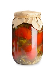 Photo of Pickled tomatoes in glass jar on white background