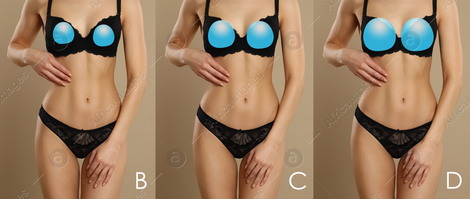 Image of Collage with photos of woman demonstrating different implant sizes for breast on beige background, closeup. Banner design 