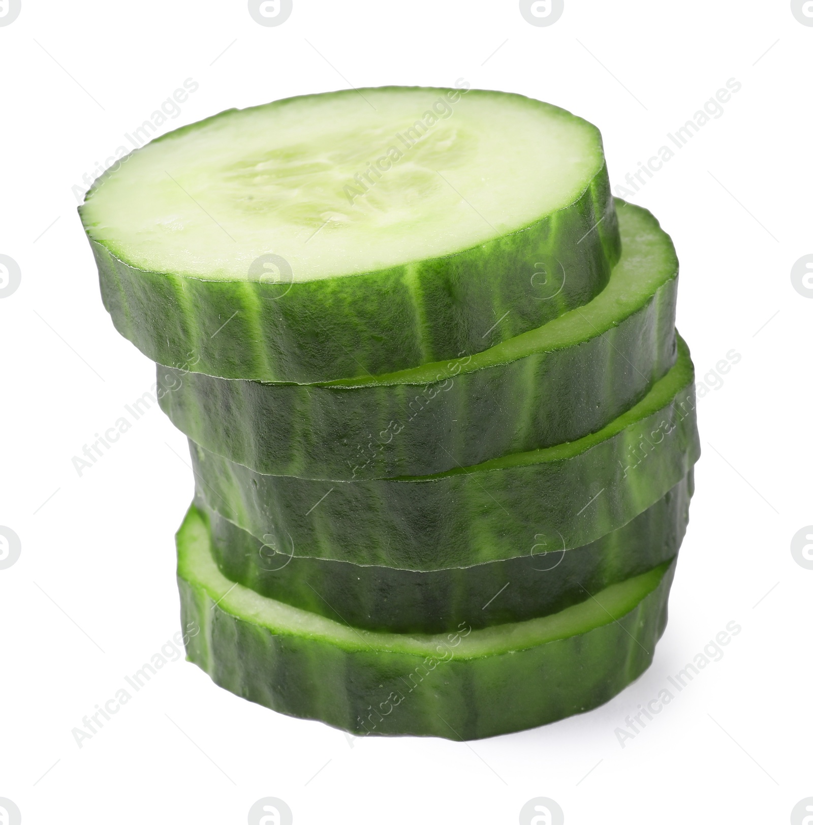 Photo of Stack of fresh cut cucumber isolated on white