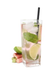 Photo of Glass of tasty rhubarb cocktail with lime isolated on white