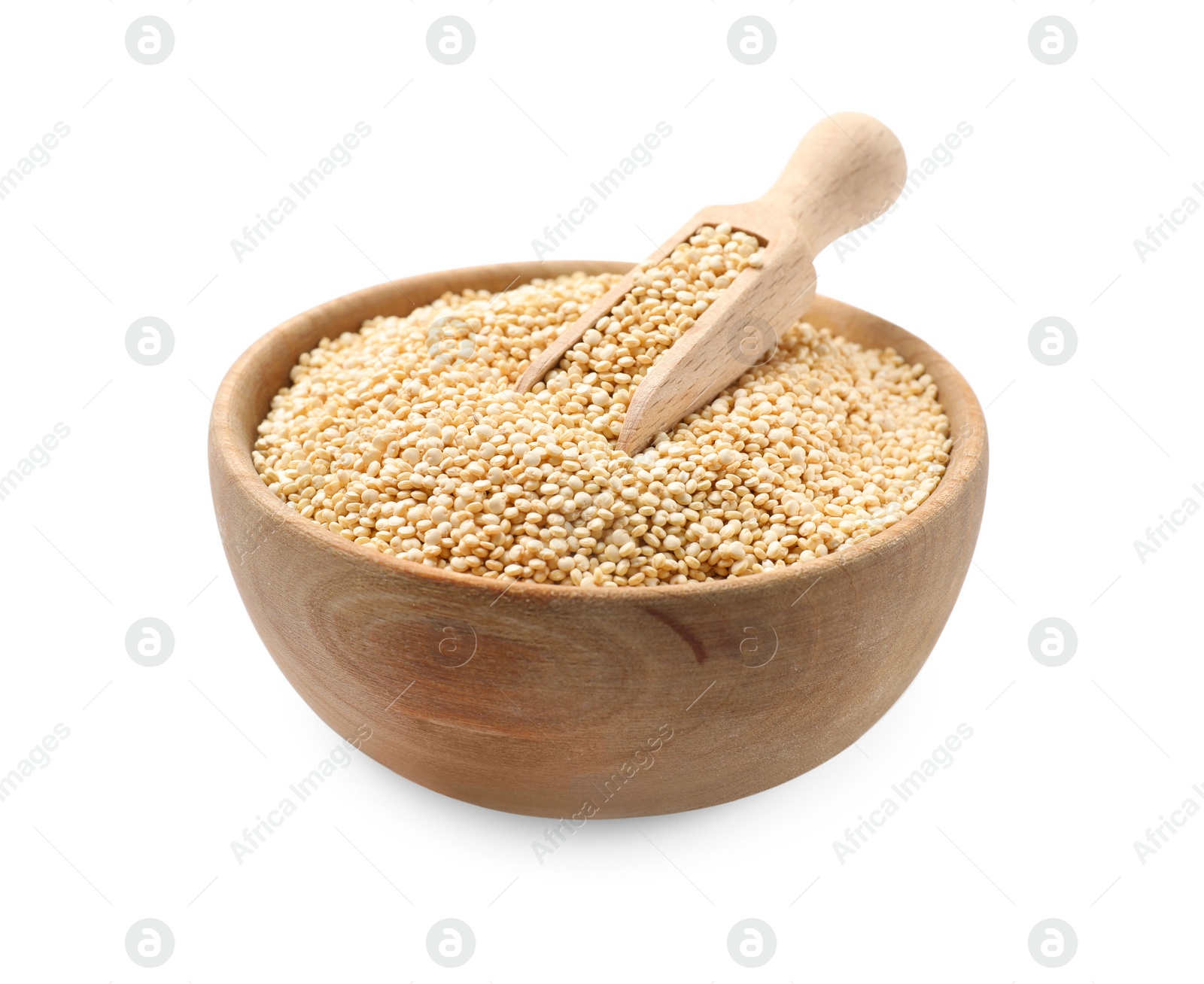 Photo of Bowl and scoop with raw quinoa isolated on white