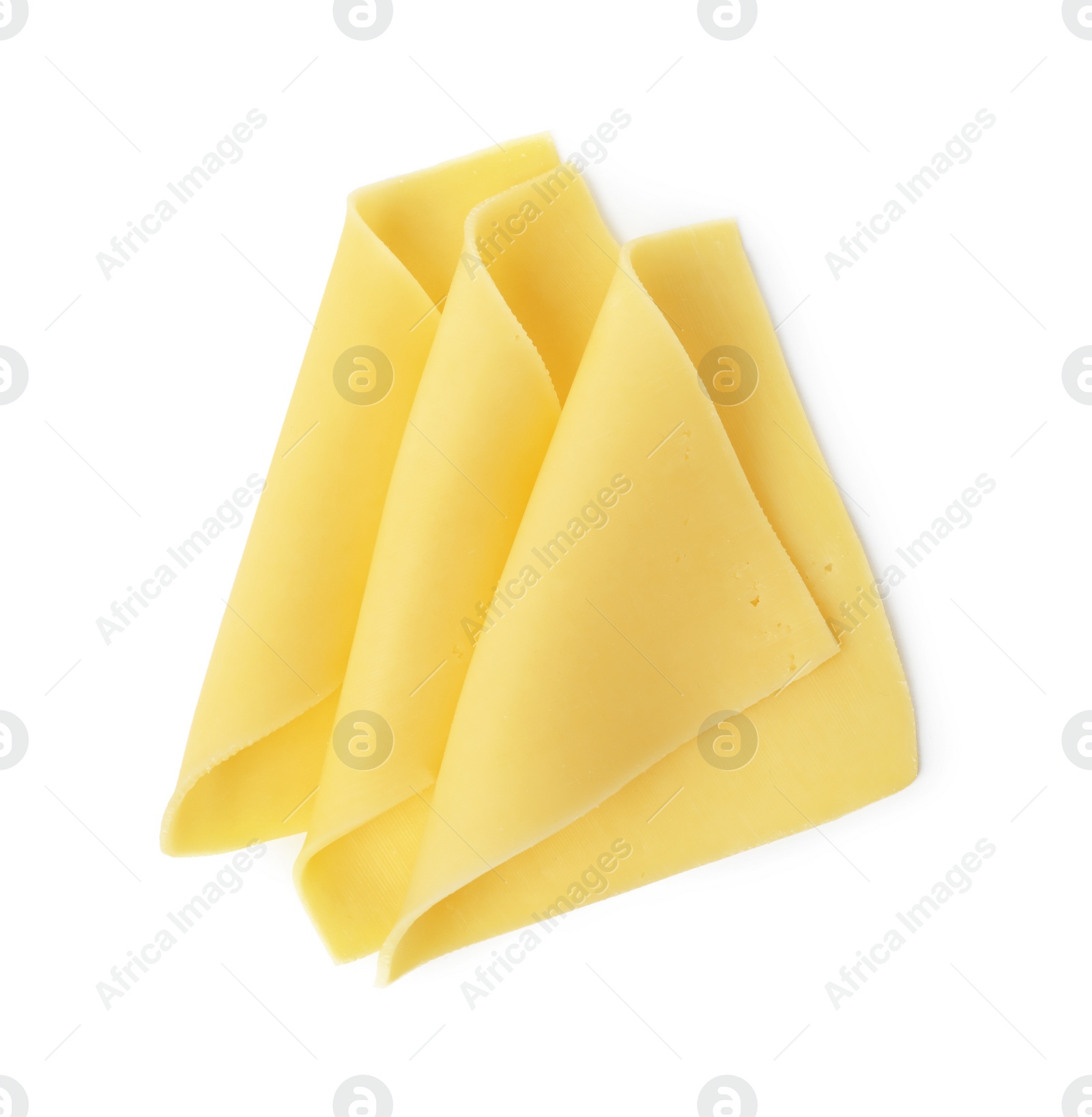 Photo of Slices of tasty fresh cheese isolated on white, top view