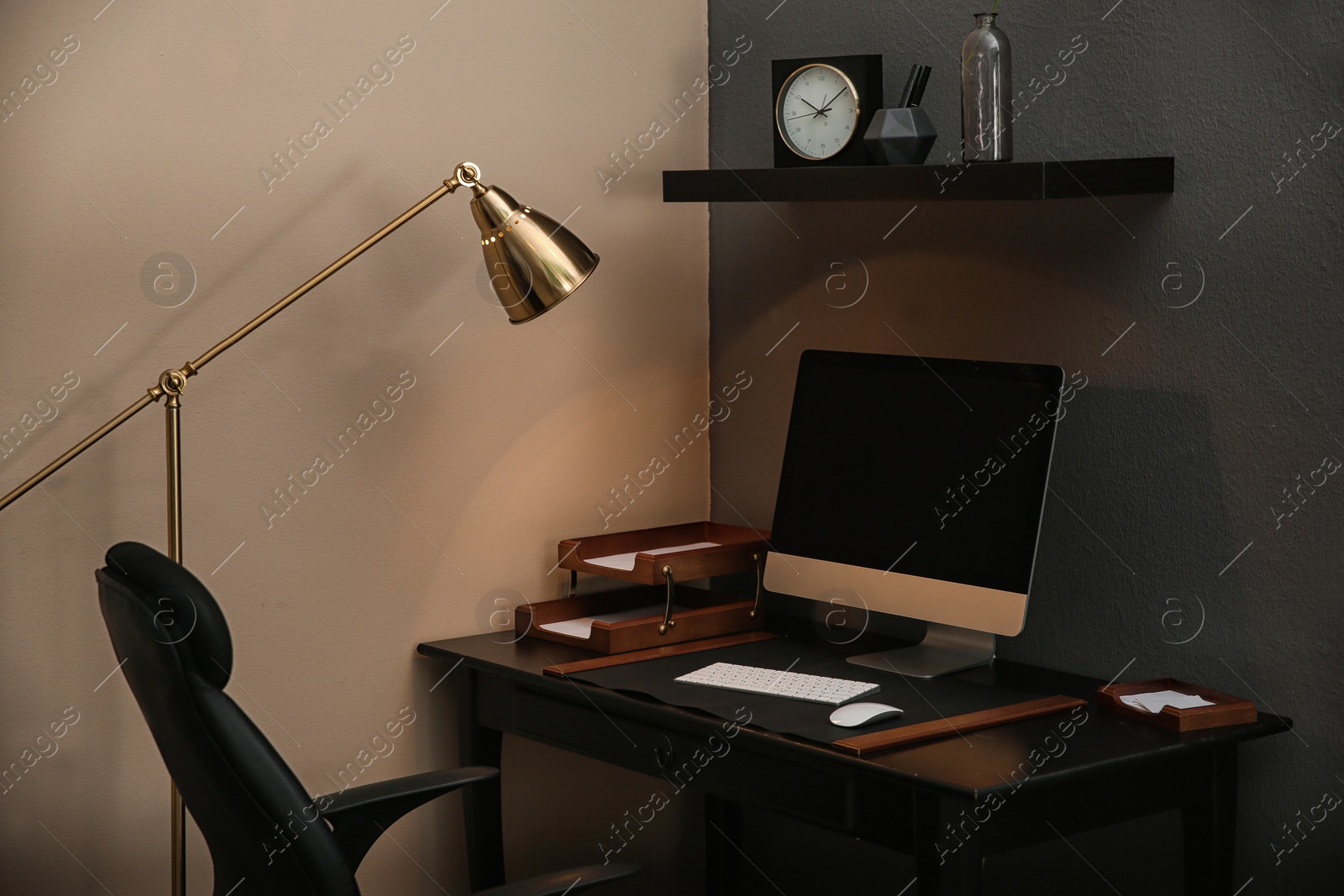 Photo of Modern interior of working place with computer