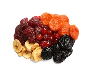 Photo of Mix of delicious dried fruits isolated on white, top view