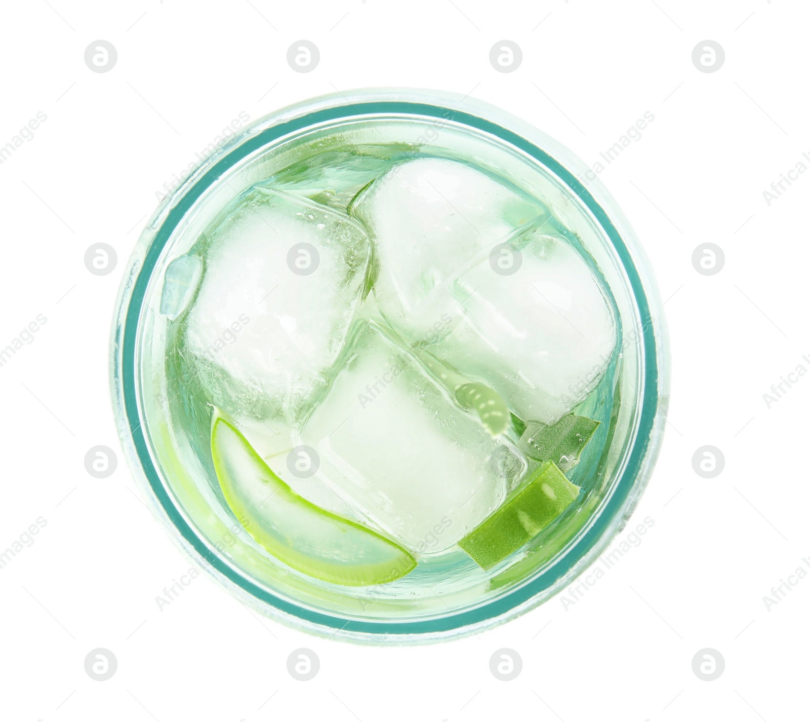 Photo of Fresh aloe drink with ice cubes in glass isolated on white