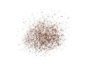 Photo of Pile of brown dust scattered on white background, top view