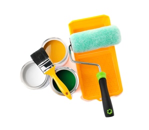 Set of painting tools on white background, top view