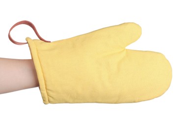 Chef in oven glove on white background, closeup