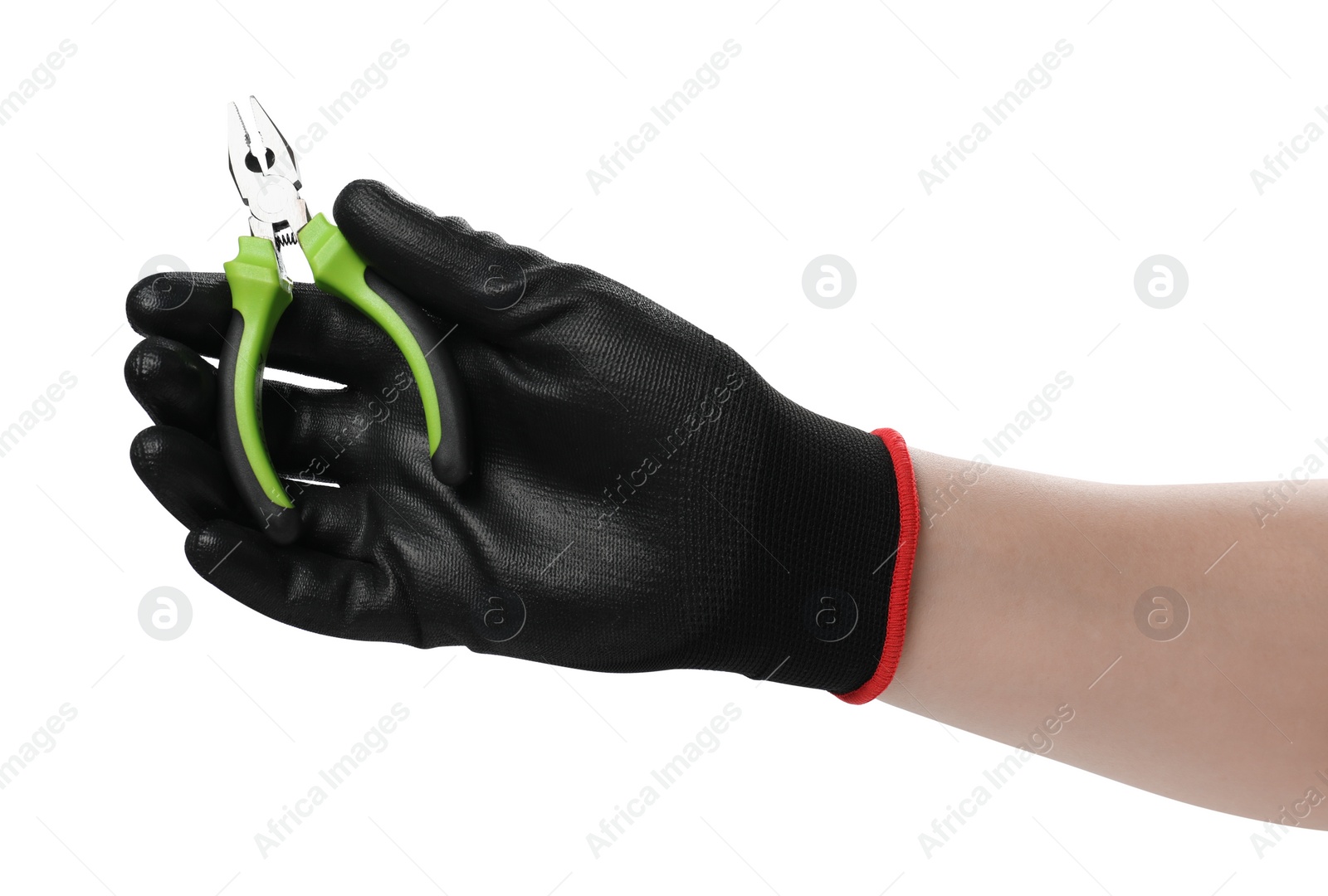 Photo of Man with combination pliers on white background, closeup