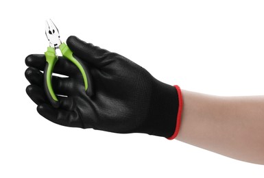 Man with combination pliers on white background, closeup