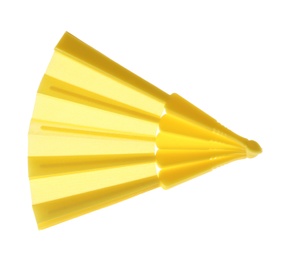 Photo of Yellow hand fan isolated on white, top view