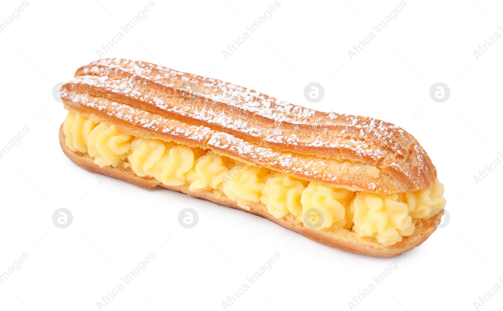 Photo of Delicious eclair filled with cream isolated on white