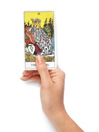 Photo of Woman with The Empress tarot card on white background, top view