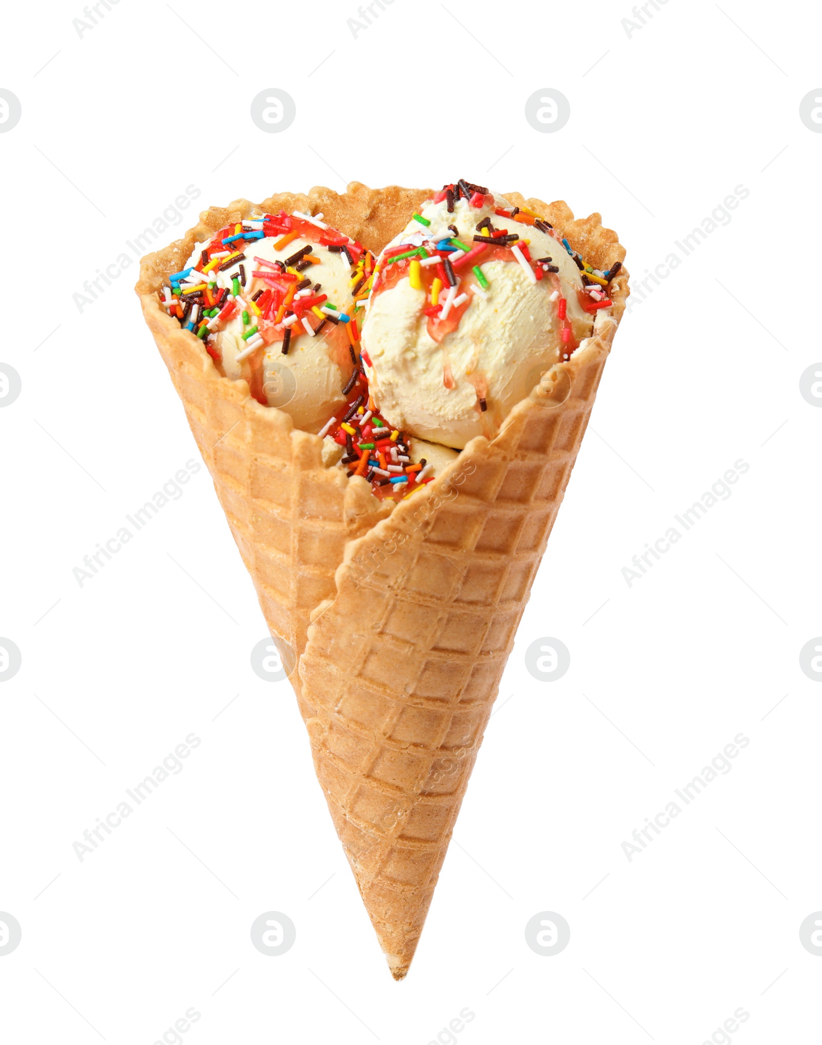 Photo of Delicious ice cream in waffle cone on white background