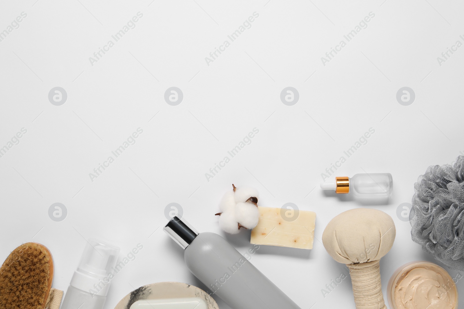 Photo of Bath accessories. Flat lay composition with personal care products on white background, space for text