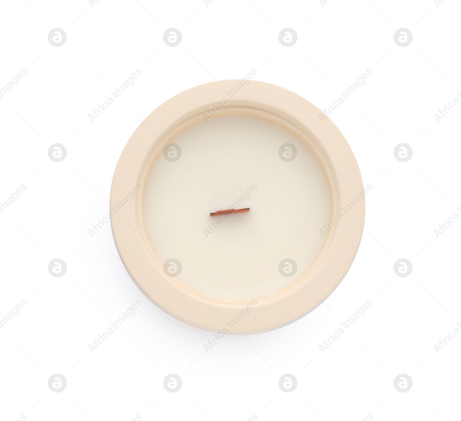 Photo of Aromatic soy candle with wooden wick isolated on white, top view