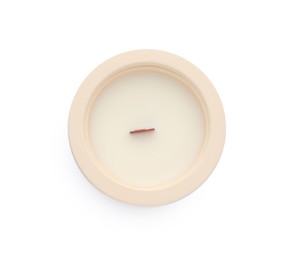 Aromatic soy candle with wooden wick isolated on white, top view