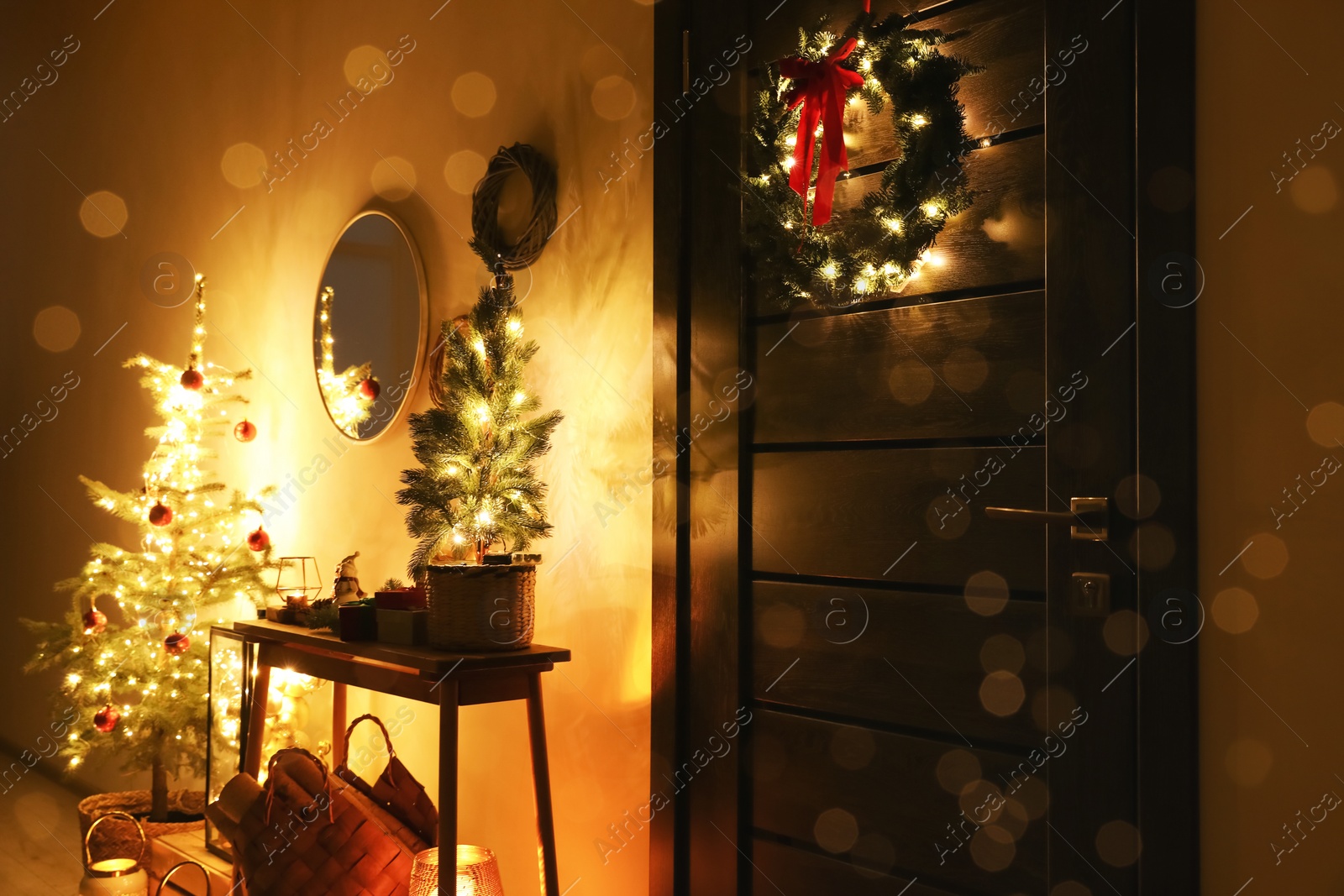 Photo of View of beautiful entry way decorated for Christmas