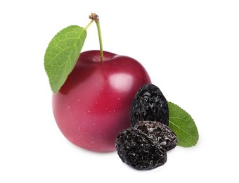 Image of Delicious fresh ripe plum and sweet dried prunes on white background 