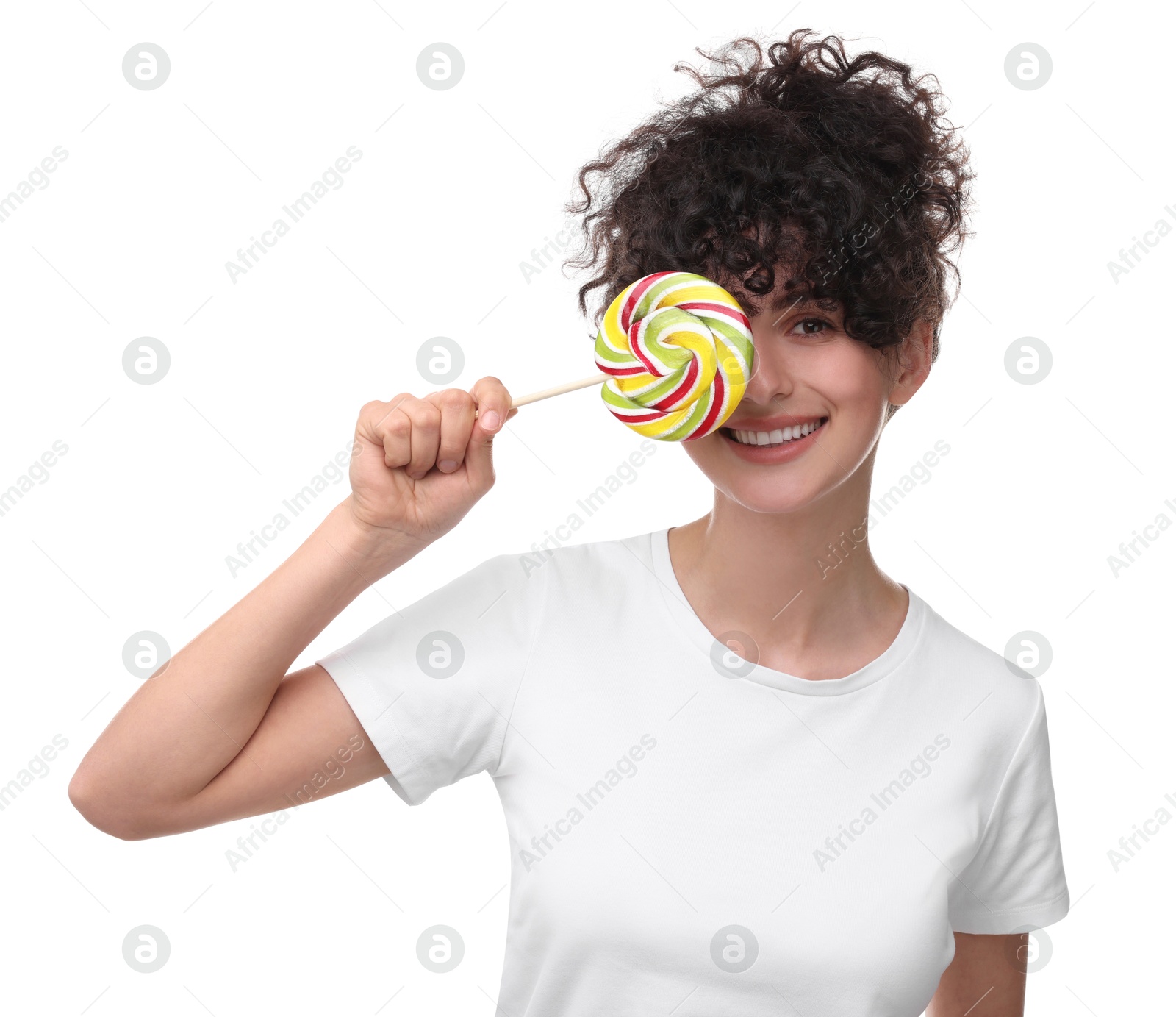 Photo of Beautiful woman with lollipop on white background