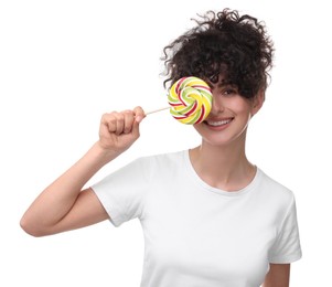 Beautiful woman with lollipop on white background