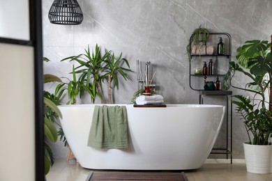 Modern white tub and beautiful green houseplants in bathroom. Interior design