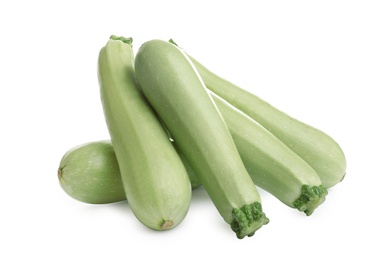 Photo of Fresh ripe green zucchinis isolated on white