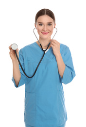 Portrait of doctor with stethoscope on white background