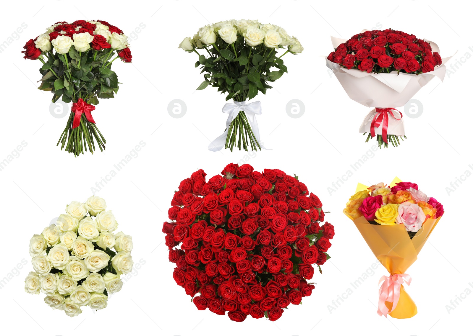 Image of Set of beautiful rose bouquets on white background