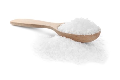 Photo of Natural salt and wooden spoon on white background