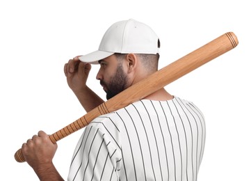 Photo of Man in stylish baseball cap holding bat on white background