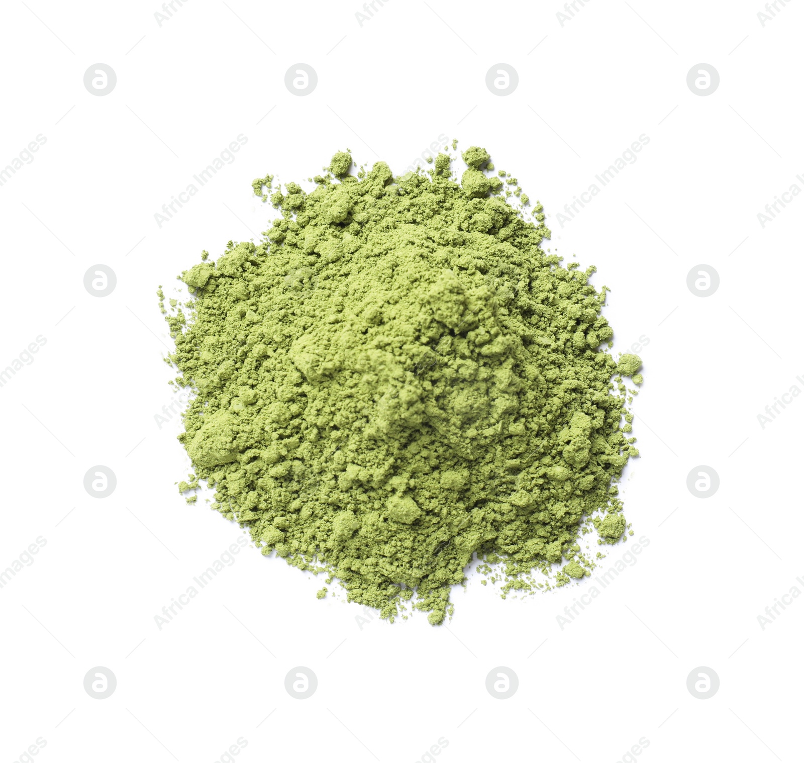 Photo of Pile of green matcha powder isolated on white, top view