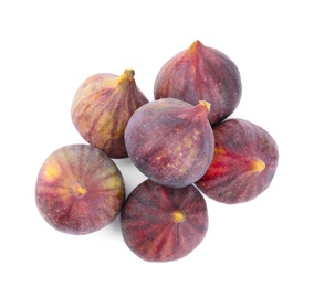 Photo of Pile of tasty fresh figs on white background, top view