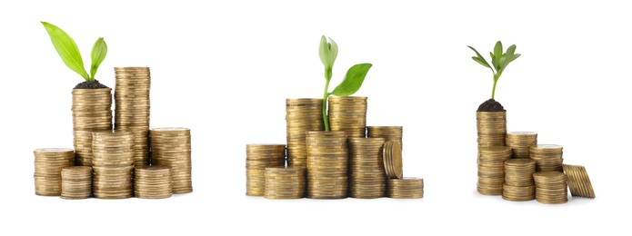 Image of Set with stacks of coins and growing plants on white background, banner design. Successful investment