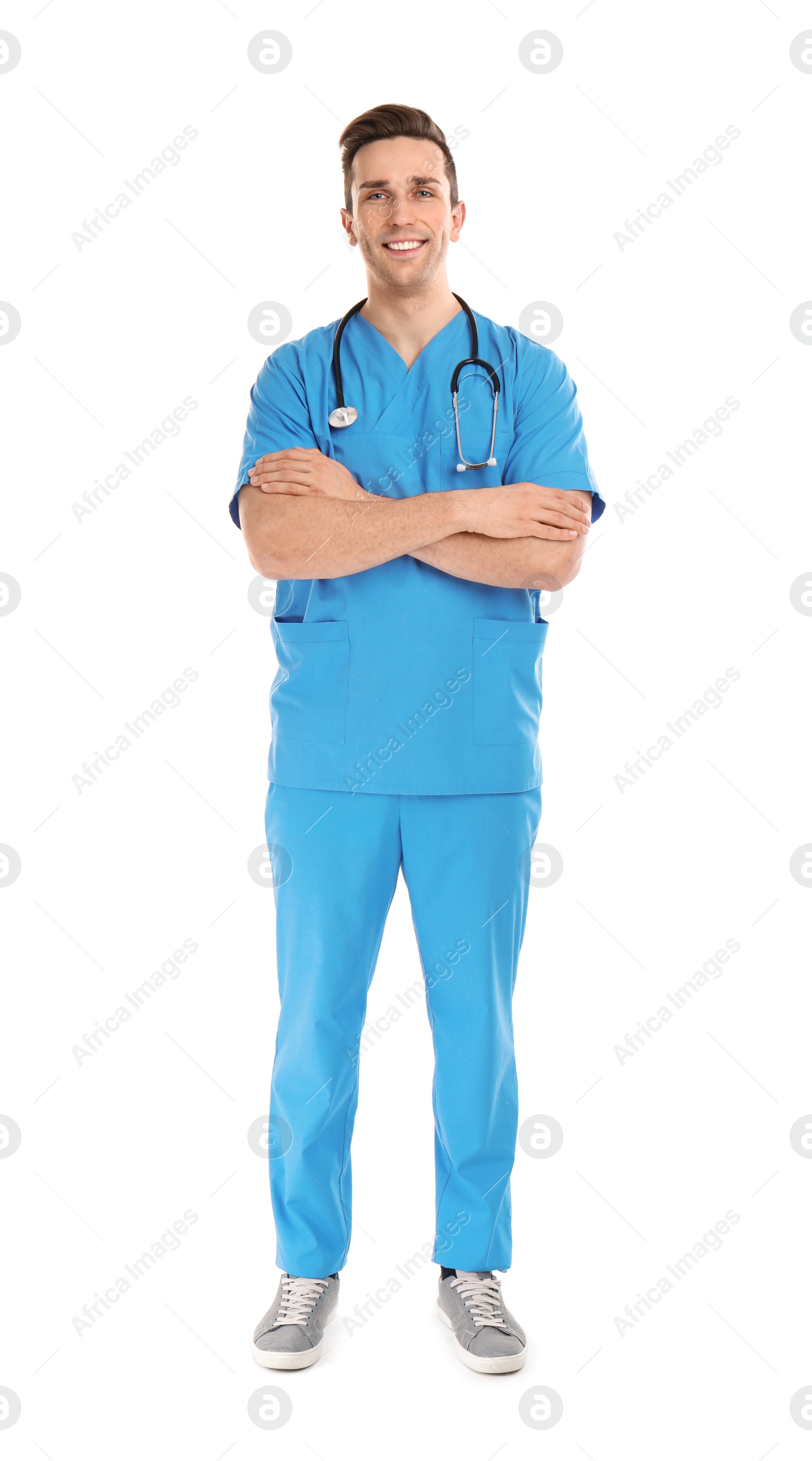 Photo of Full length portrait of medical assistant with stethoscope on white background