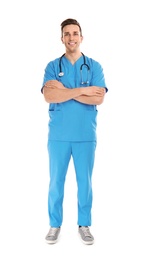 Full length portrait of medical assistant with stethoscope on white background
