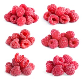 Image of Set with heaps of delicious ripe raspberries on white background