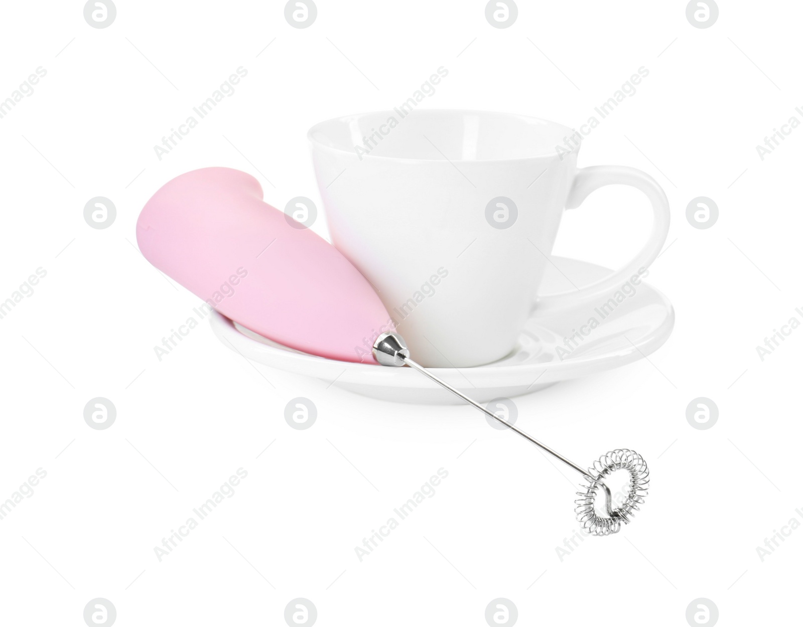 Photo of Milk frother wand and cup isolated on white