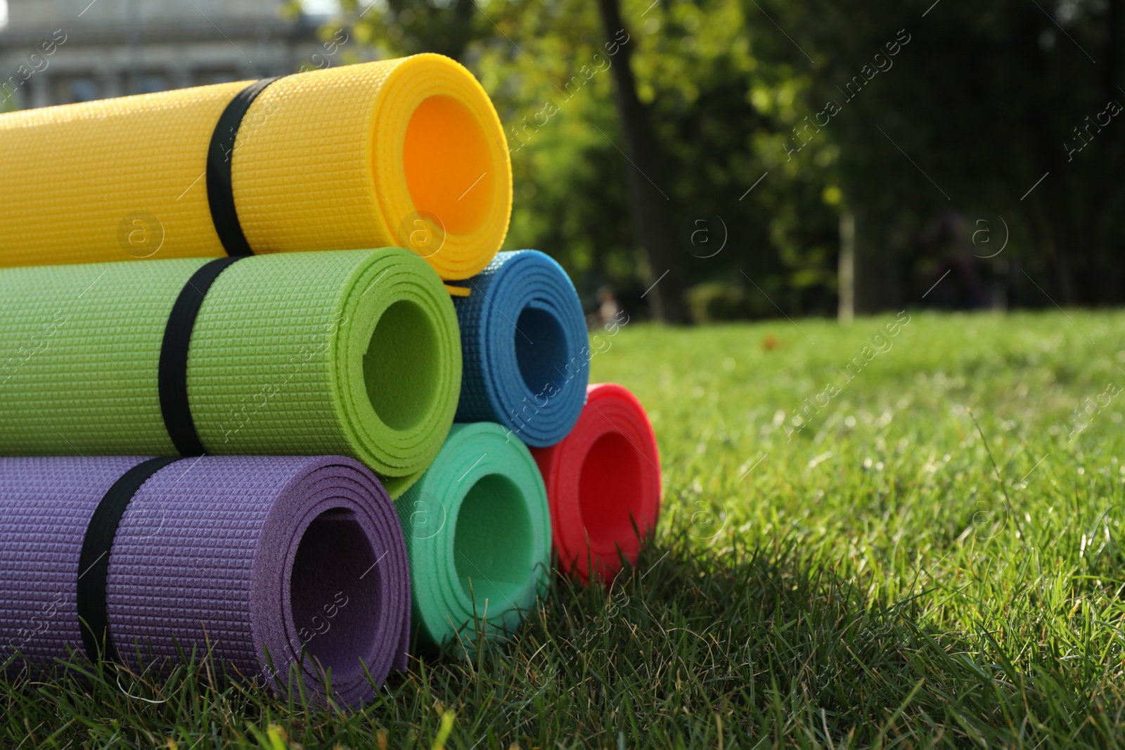 Photo of Bright exercise mats on fresh green grass outdoors, space for text